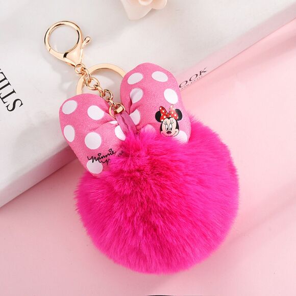Minnie Fuzzy Pom-Pom Plush Keychain Bow & Icon Charm with Gold Lobster Clasp 🎀 - Picture 2 of 2